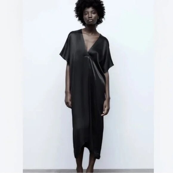 Zara Black Satin Effect V-Neck Tunic Dress - Picture 2 of 7
